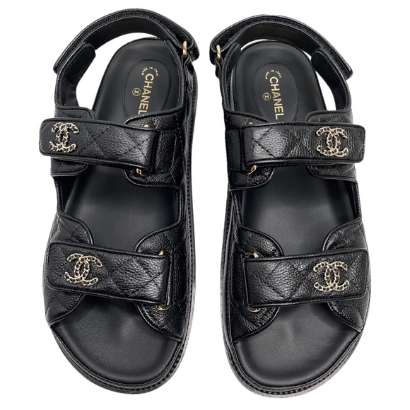 CHANEL Shoes - ❌❌SOLD Chanel NIB Black Caviar Chain CC Logo Gold 39 EUR Size Slides Dad Sandals